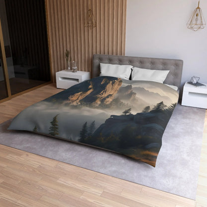 Misty Morning Mountaintop Landscape Microfiber Duvet Cover - Cozy Nature Bedding - Home Decor