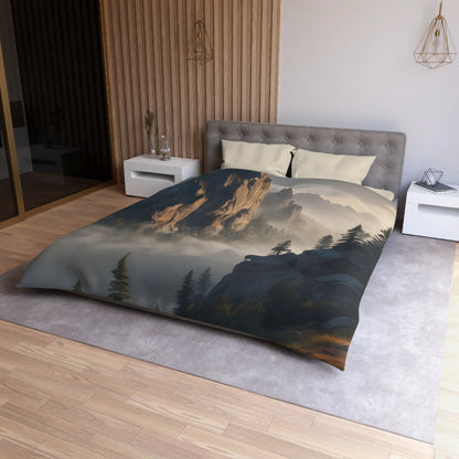 Misty Morning Mountaintop Landscape Microfiber Duvet Cover - Cozy Nature Bedding - Home Decor