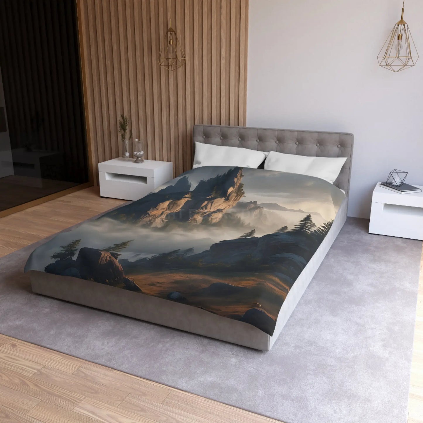 Misty Morning Mountaintop Landscape Microfiber Duvet Cover - Cozy Nature Bedding - Home Decor