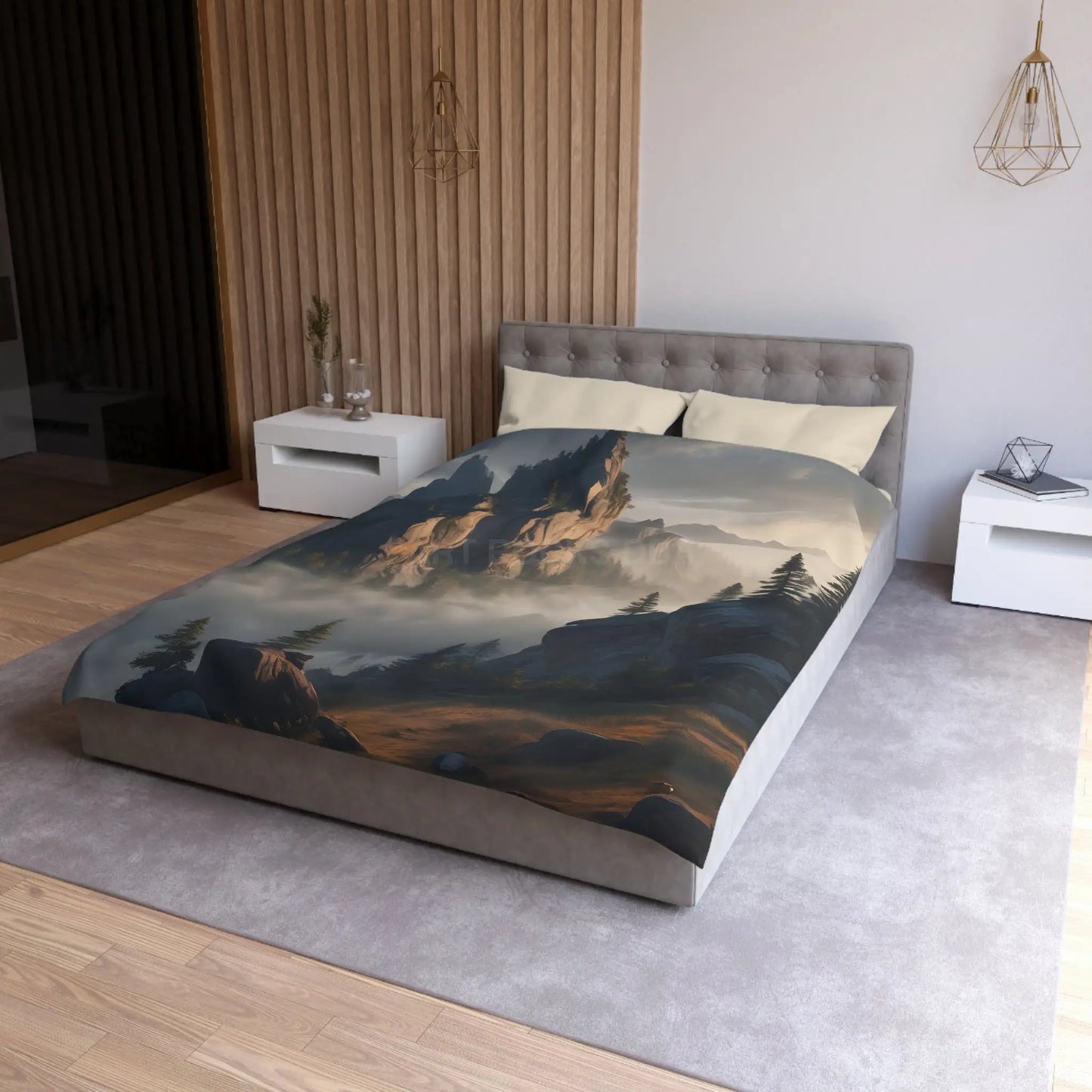 Misty Morning Mountaintop Landscape Microfiber Duvet Cover - Cozy Nature Bedding - Home Decor
