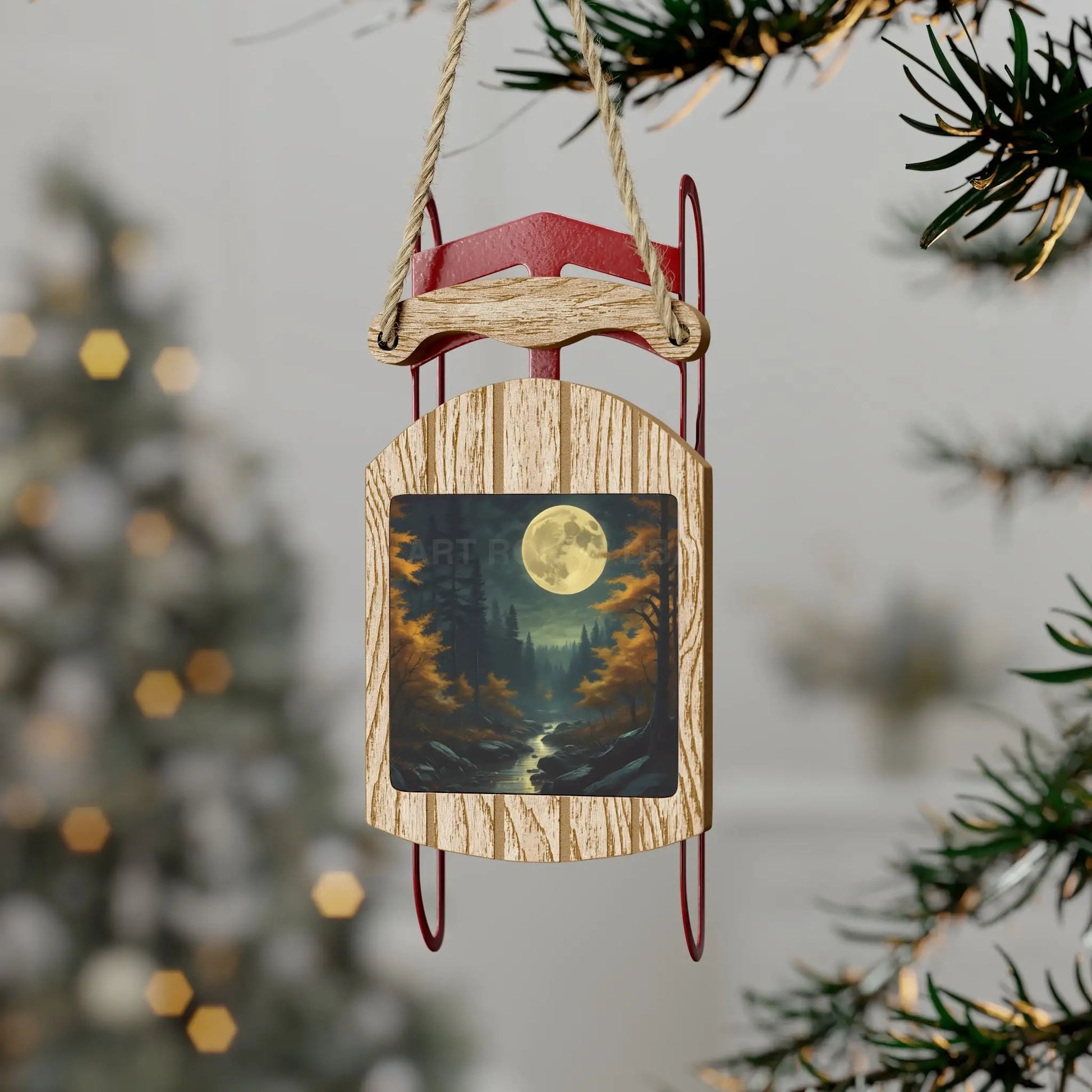 Moonlit Aspen Mountains Sled Ornament — Autumn Night Holiday Decor - 2.1’’ × 4.6’’ / 1 pc - Home Decor