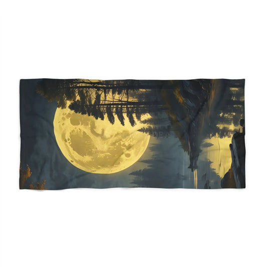 Moonlit Forest Beach Towel — Golden Full Moon Nightscape - 36’’ × 72’’ - Home Decor