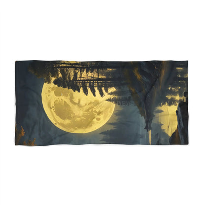 Moonlit Forest Beach Towel — Golden Full Moon Nightscape - Home Decor