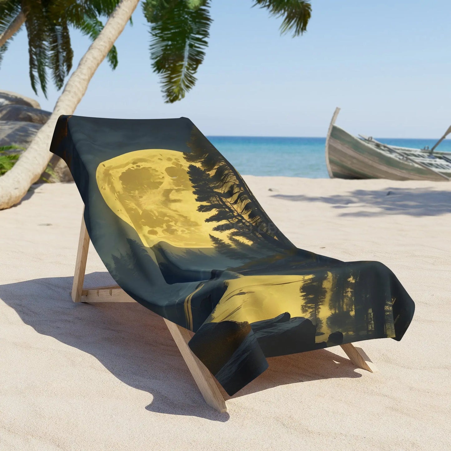 Moonlit Forest Beach Towel — Golden Full Moon Nightscape - Home Decor