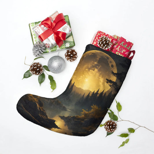 Moonlit Forest Christmas Stocking — Golden Full Moon Holiday Decor - One size - Home Decor