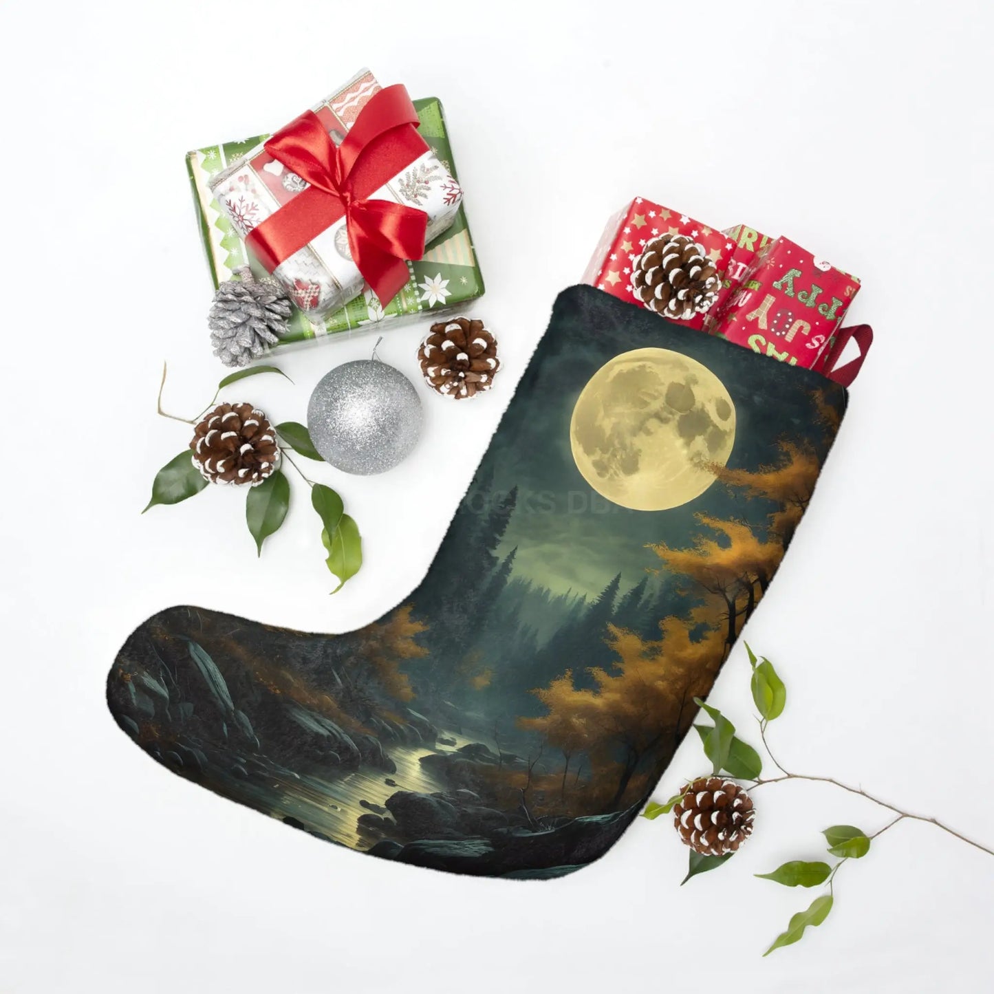 Moonlit Forest Christmas Stocking – Scenic Full Moon Holiday Stocking - One size - Home Decor