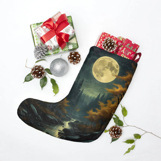Moonlit Forest Christmas Stocking – Scenic Full Moon Holiday Stocking - One size - Home Decor