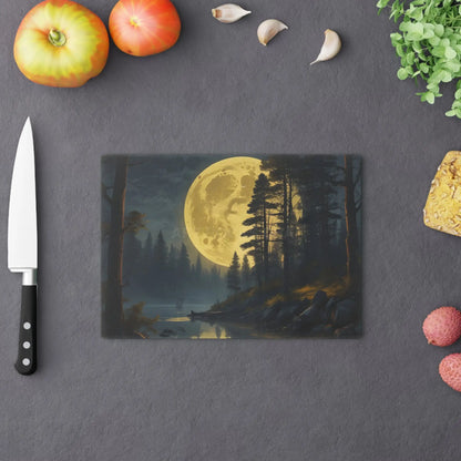 Moonlit Forest Cutting Board — Scenic Full Moon Lake Artwork - Home Decor