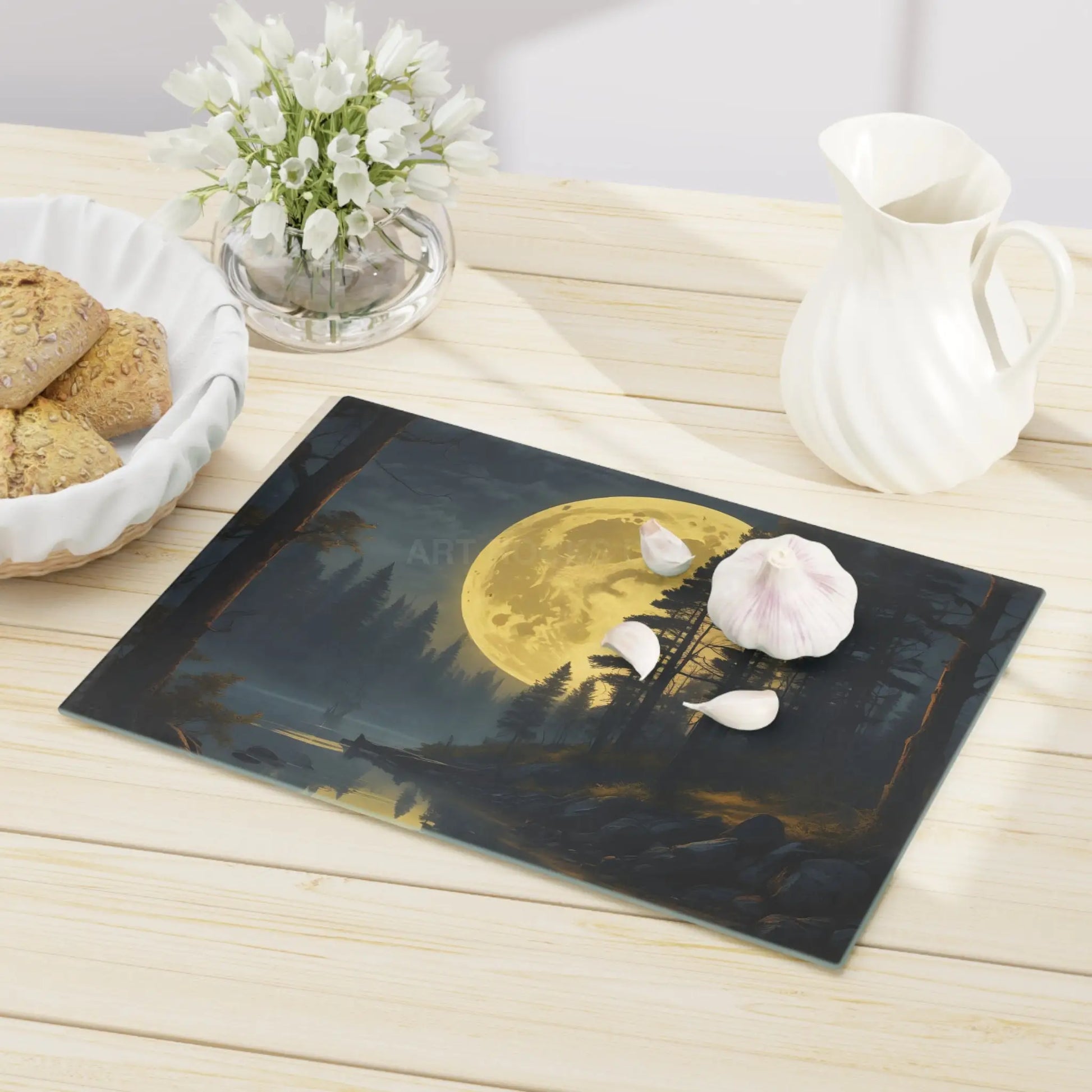 Moonlit Forest Cutting Board — Scenic Full Moon Lake Artwork - Home Decor