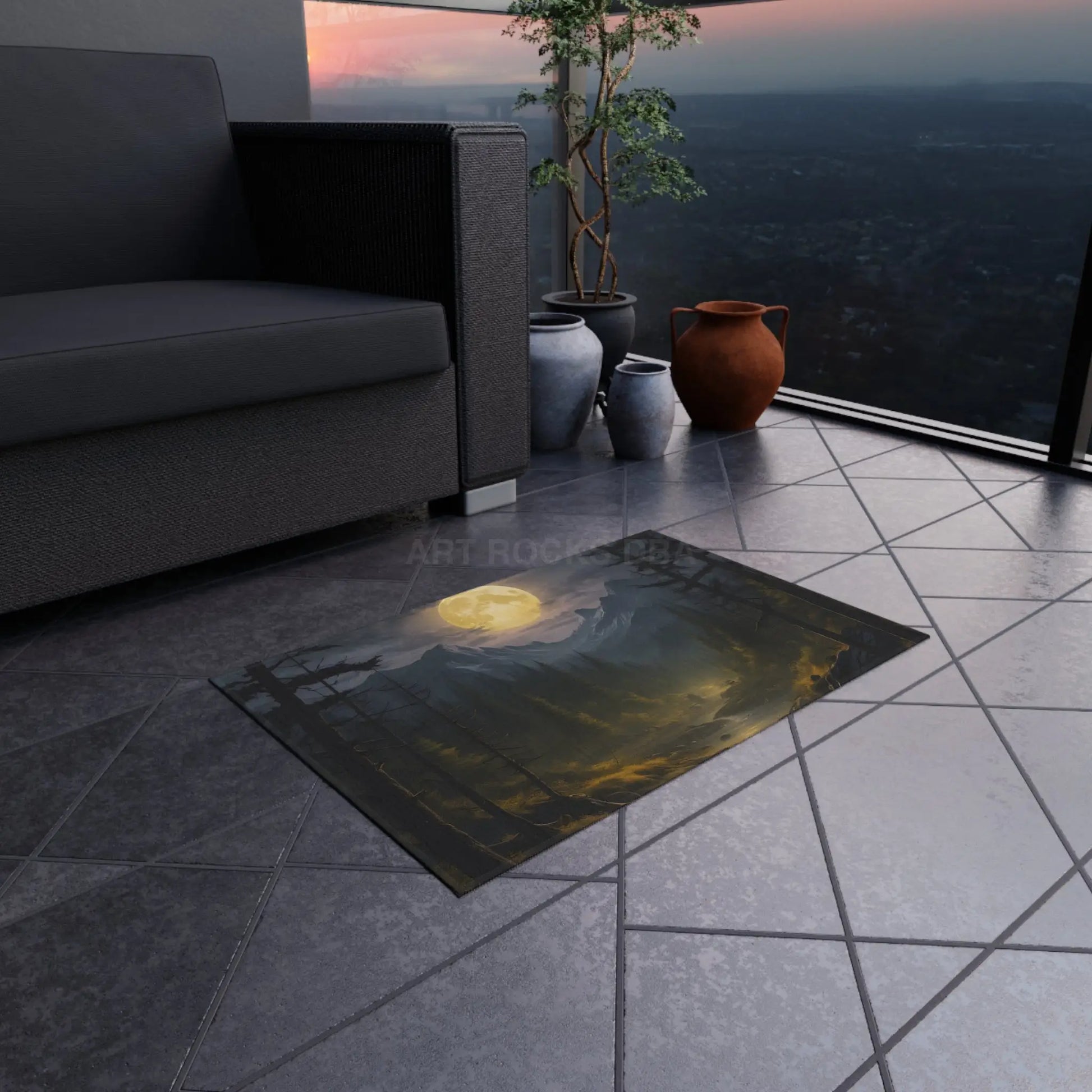 Moonlit Forest in The Mountains Outdoor Rug Nature Decor Patio Accessory Camping Essentials Boho Style Rug Garden Mat