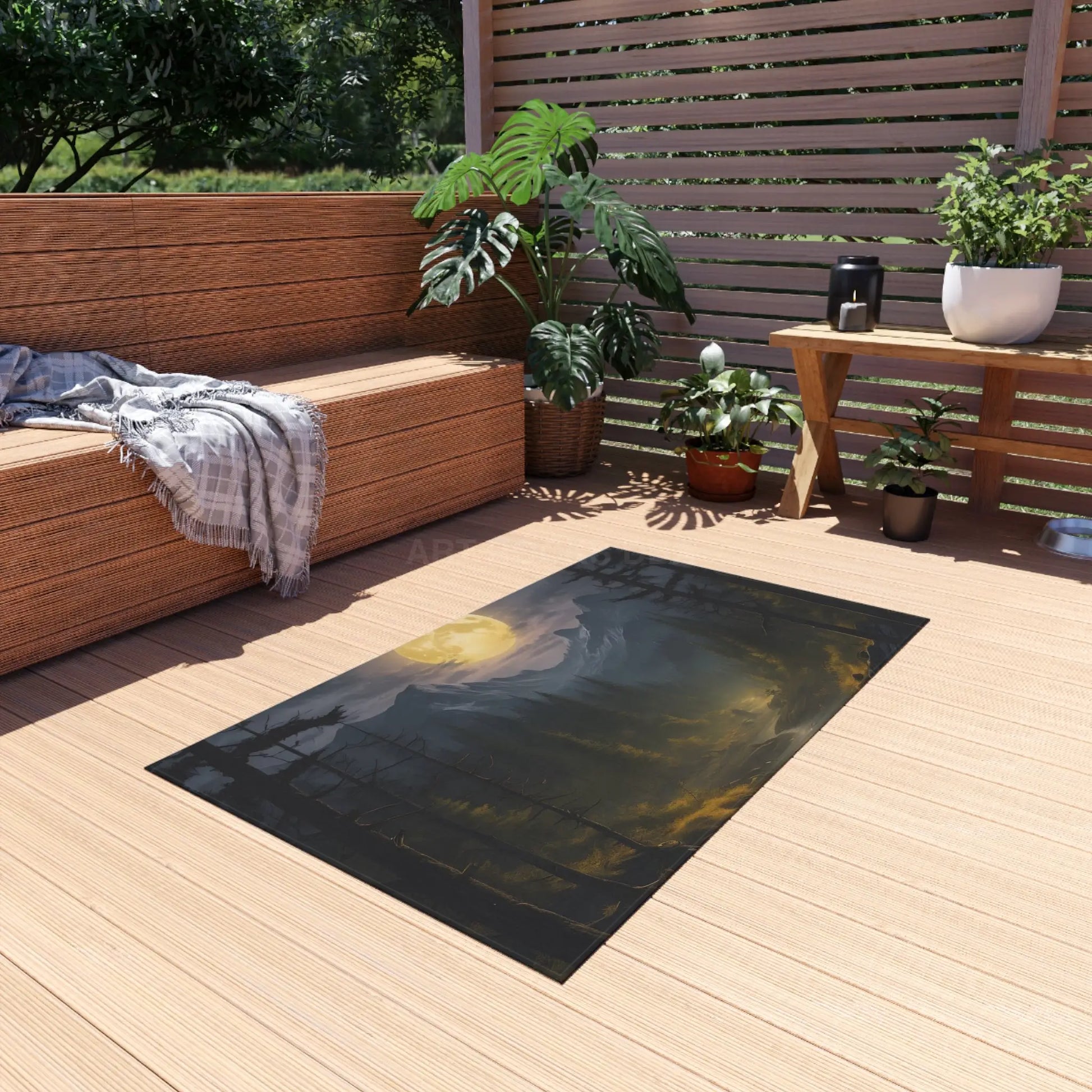 Moonlit Forest in The Mountains Outdoor Rug Nature Decor Patio Accessory Camping Essentials Boho Style Rug Garden Mat