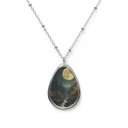 Moonlit Forest Oval Necklace — Silver Teardrop Pendant with Nightscape - One Size / Silver - Accessories