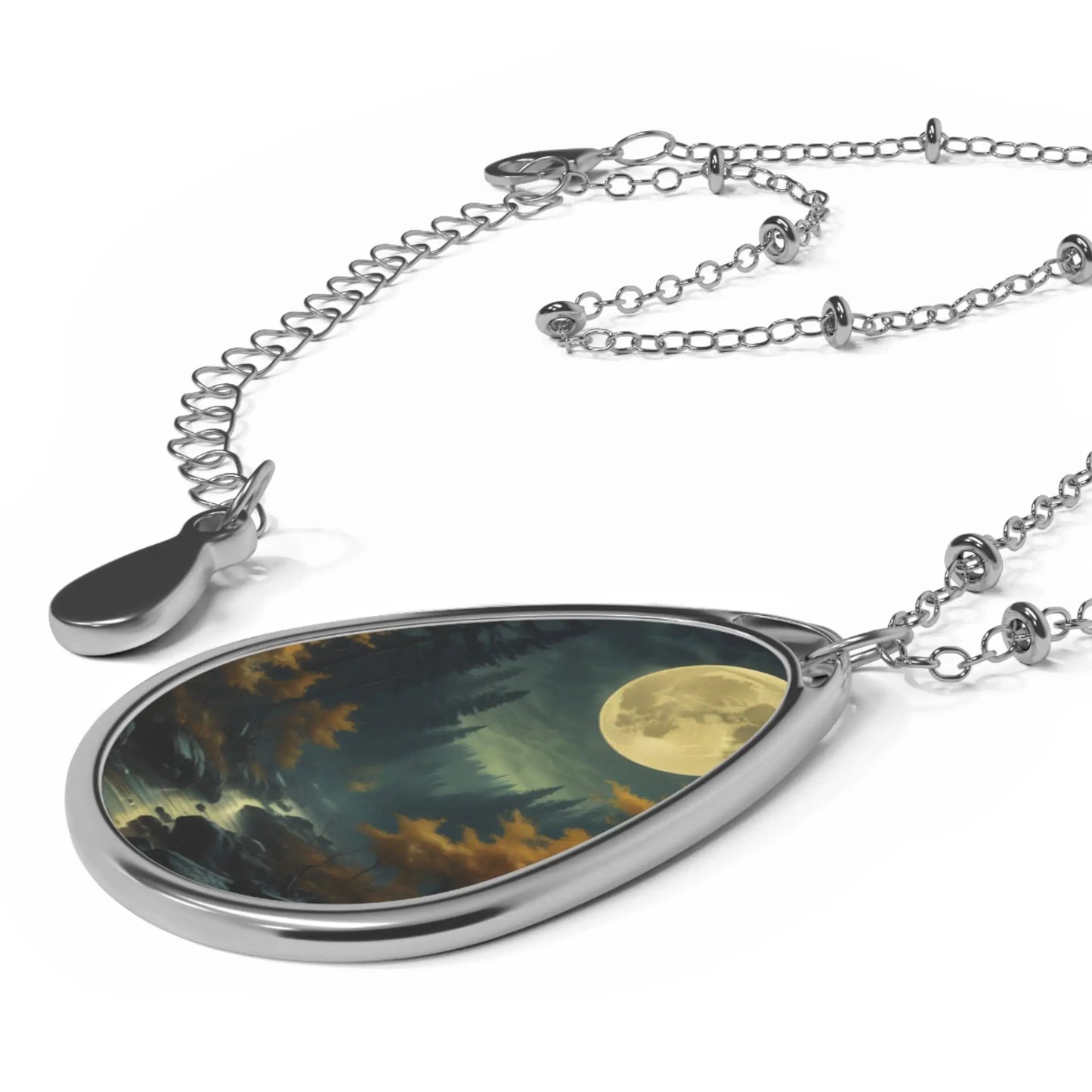 Moonlit Forest Oval Necklace — Silver Teardrop Pendant with Nightscape - One Size / Silver - Accessories
