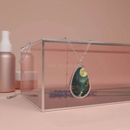 Moonlit Forest Oval Necklace — Silver Teardrop Pendant with Nightscape - One Size / Silver - Accessories