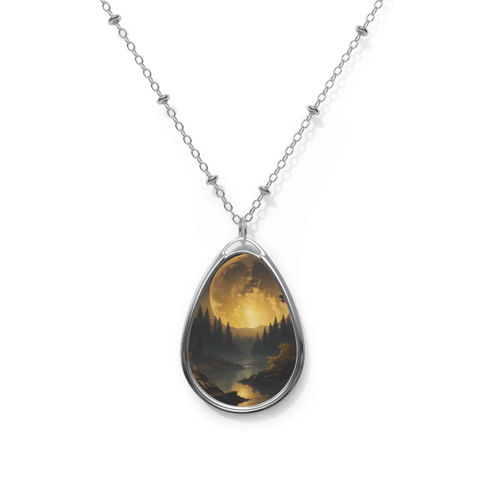 Moonlit Forest Oval Necklace — Silver Teardrop Pendant with Scenic Lake Art - One Size / Silver - Accessories
