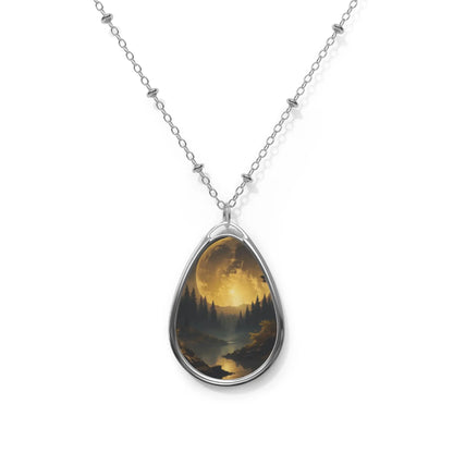 Moonlit Forest Oval Necklace — Silver Teardrop Pendant with Scenic Lake Art - One Size / Silver - Accessories