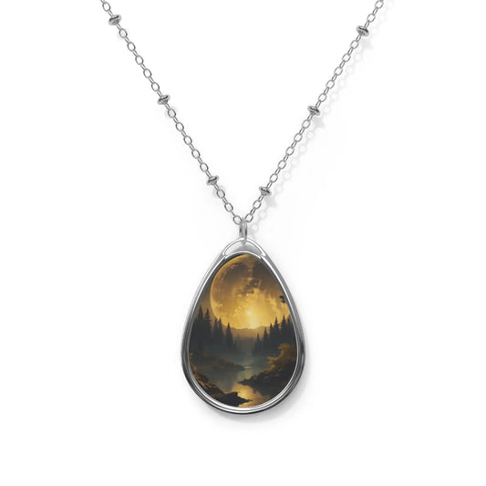 Moonlit Forest Oval Necklace — Silver Teardrop Pendant with Scenic Lake Art - One Size / Silver - Accessories