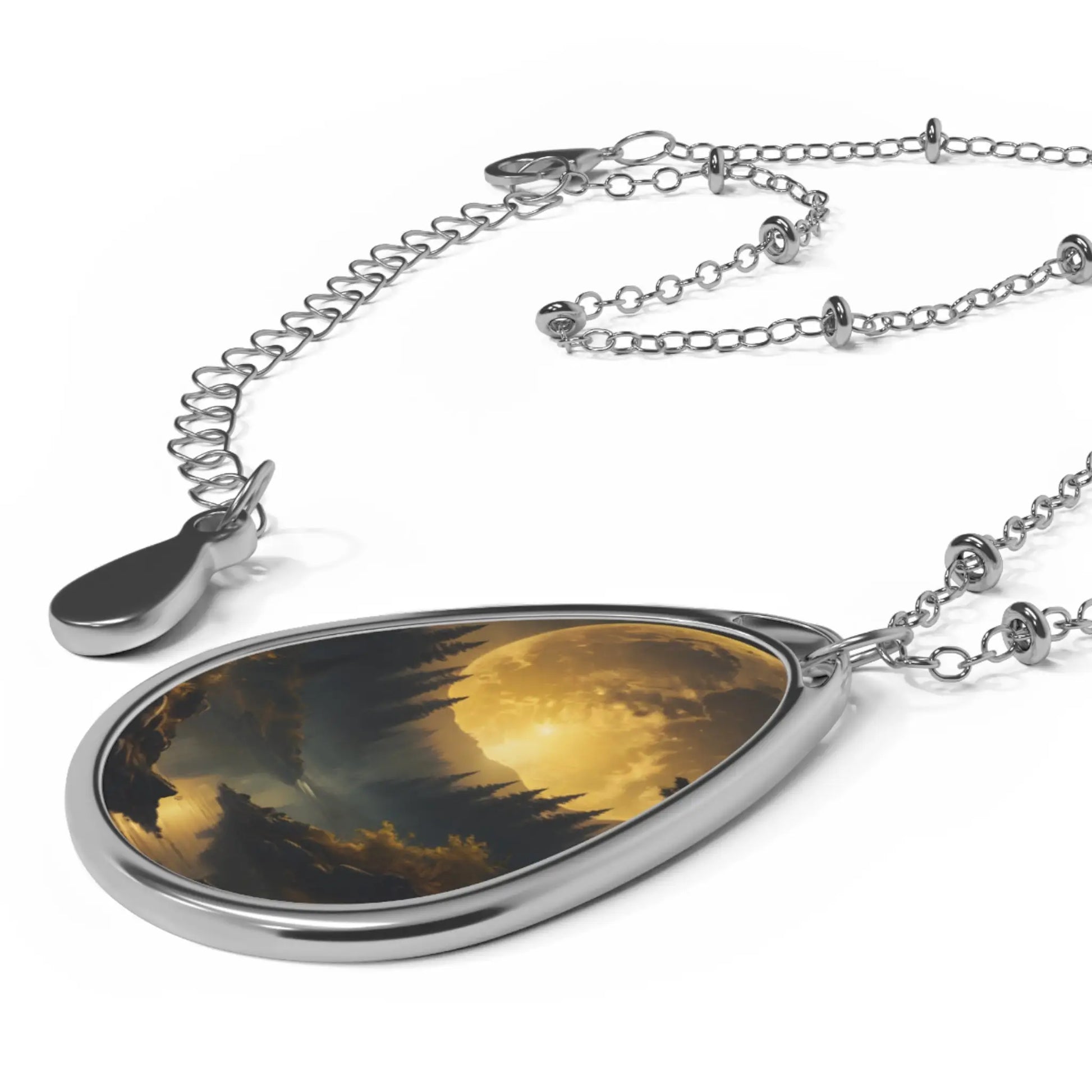 Moonlit Forest Oval Necklace — Silver Teardrop Pendant with Scenic Lake Art - One Size / Silver - Accessories