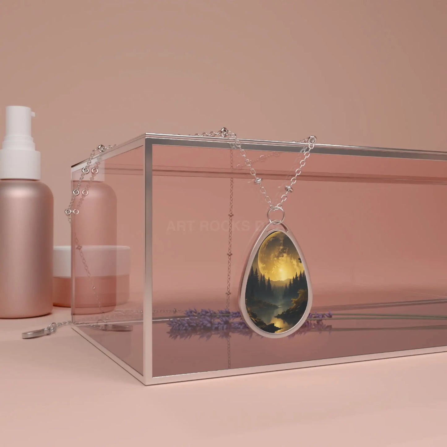 Moonlit Forest Oval Necklace — Silver Teardrop Pendant with Scenic Lake Art - One Size / Silver - Accessories