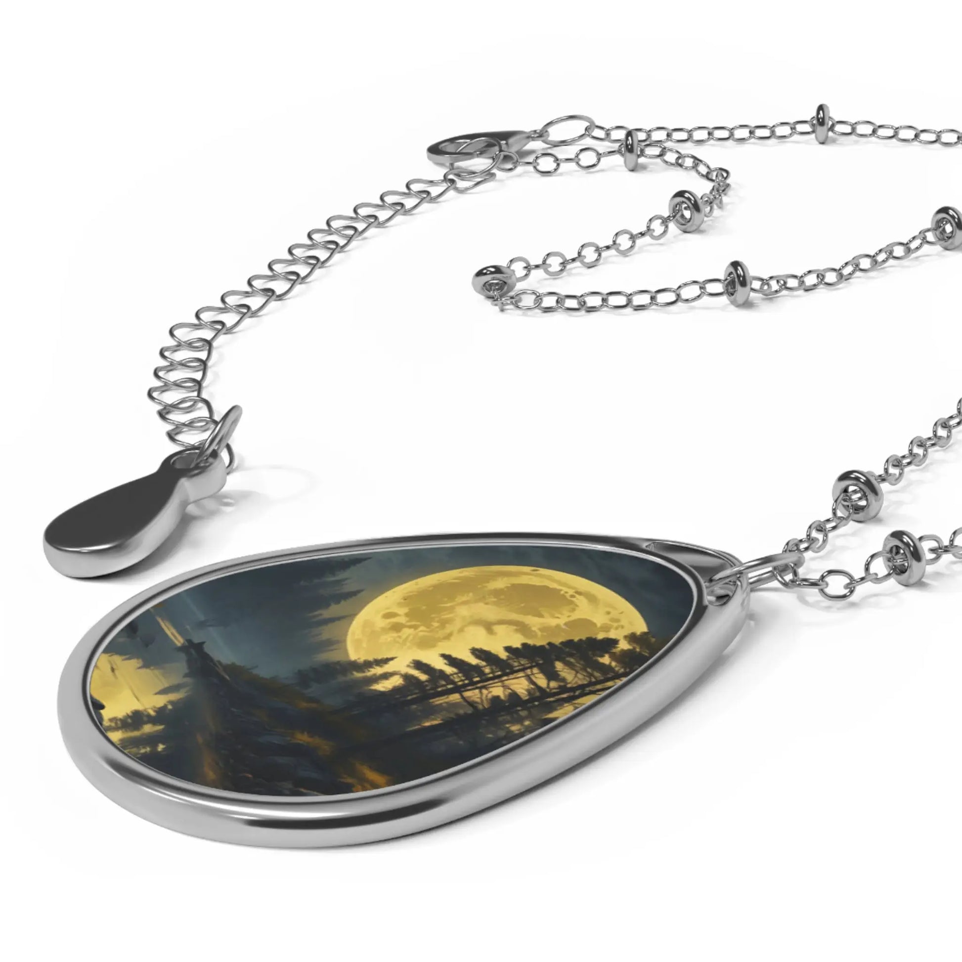 Moonlit Forest Oval Necklace — Silver Teardrop Pendant with Woodland Moonrise Art - One Size / Silver - Accessories