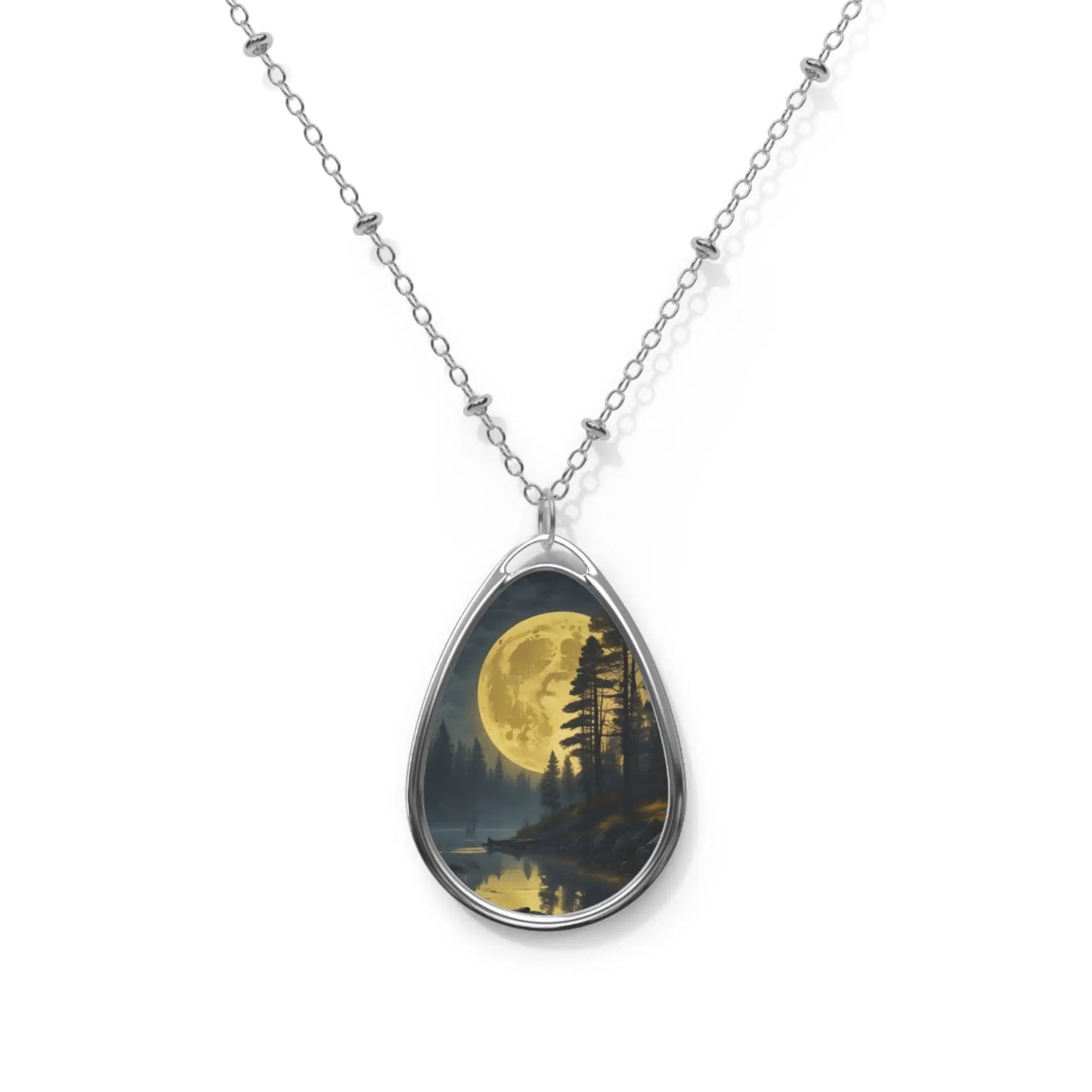 Moonlit Forest Oval Necklace — Silver Teardrop Pendant with Woodland Moonrise Art - One Size / Silver - Accessories