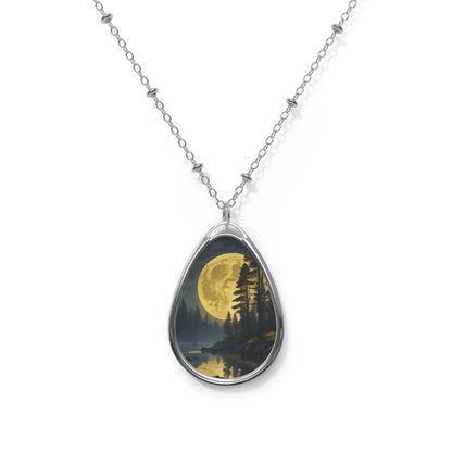 Moonlit Forest Oval Necklace — Silver Teardrop Pendant with Woodland Moonrise Art - One Size / Silver - Accessories