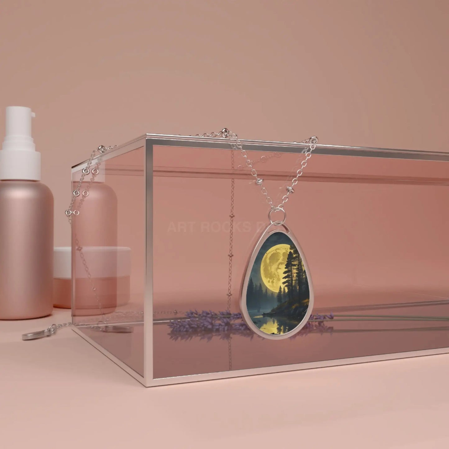 Moonlit Forest Oval Necklace — Silver Teardrop Pendant with Woodland Moonrise Art - One Size / Silver - Accessories