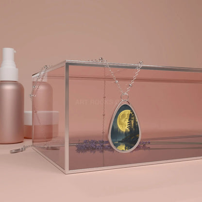 Moonlit Forest Oval Necklace — Silver Teardrop Pendant with Woodland Moonrise Art - One Size / Silver - Accessories