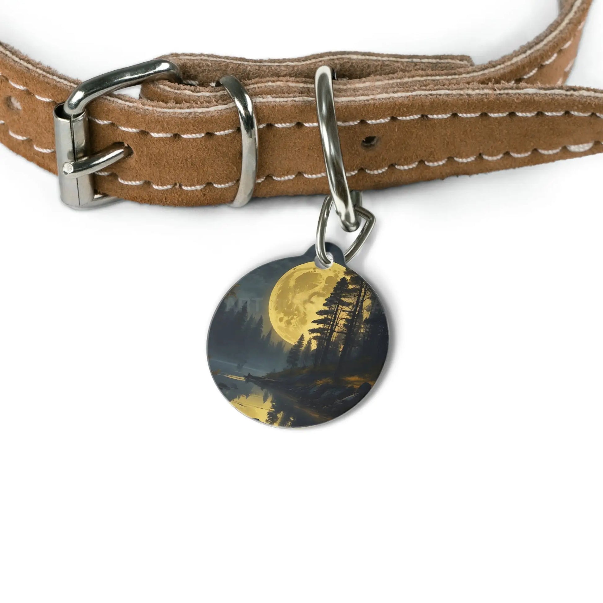 Moonlit Forest Pet Tag — Dog & Cat ID Charm with Full Moon Lake Design - 1’’ - Pets