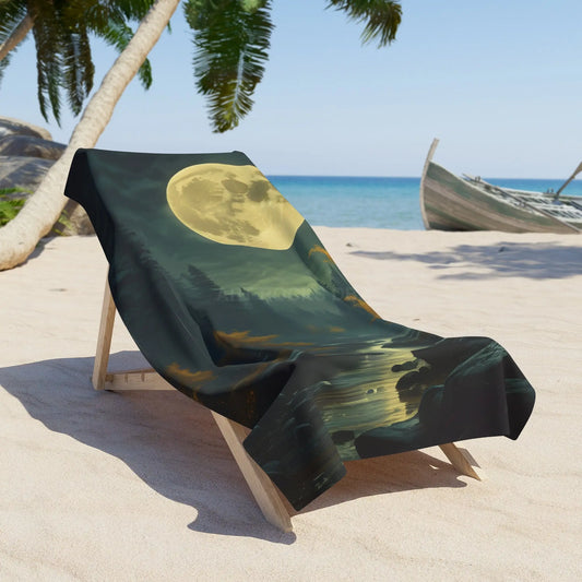 Moonlit Lake Beach Towel — Full Moon Nature Scene Towel - 36’’ × 72’’ - Home Decor