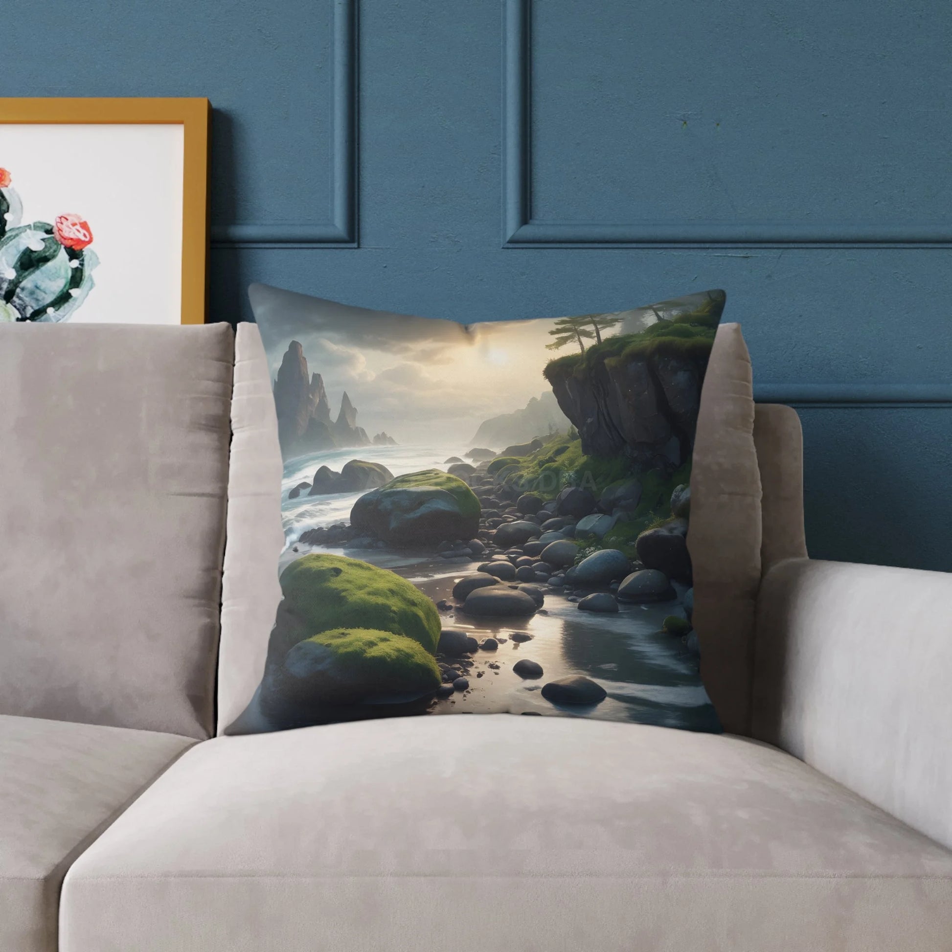 Mossy Beach on a Gloomy Day Throw Pillow Cozy Home Decor Nature Lover Gift Decorative Throw Pillow Soothing Bedroom