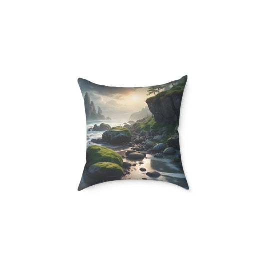 Mossy Beach on a Gloomy Day Throw Pillow Cozy Home Decor Nature Lover Gift Decorative Throw Pillow Soothing Bedroom