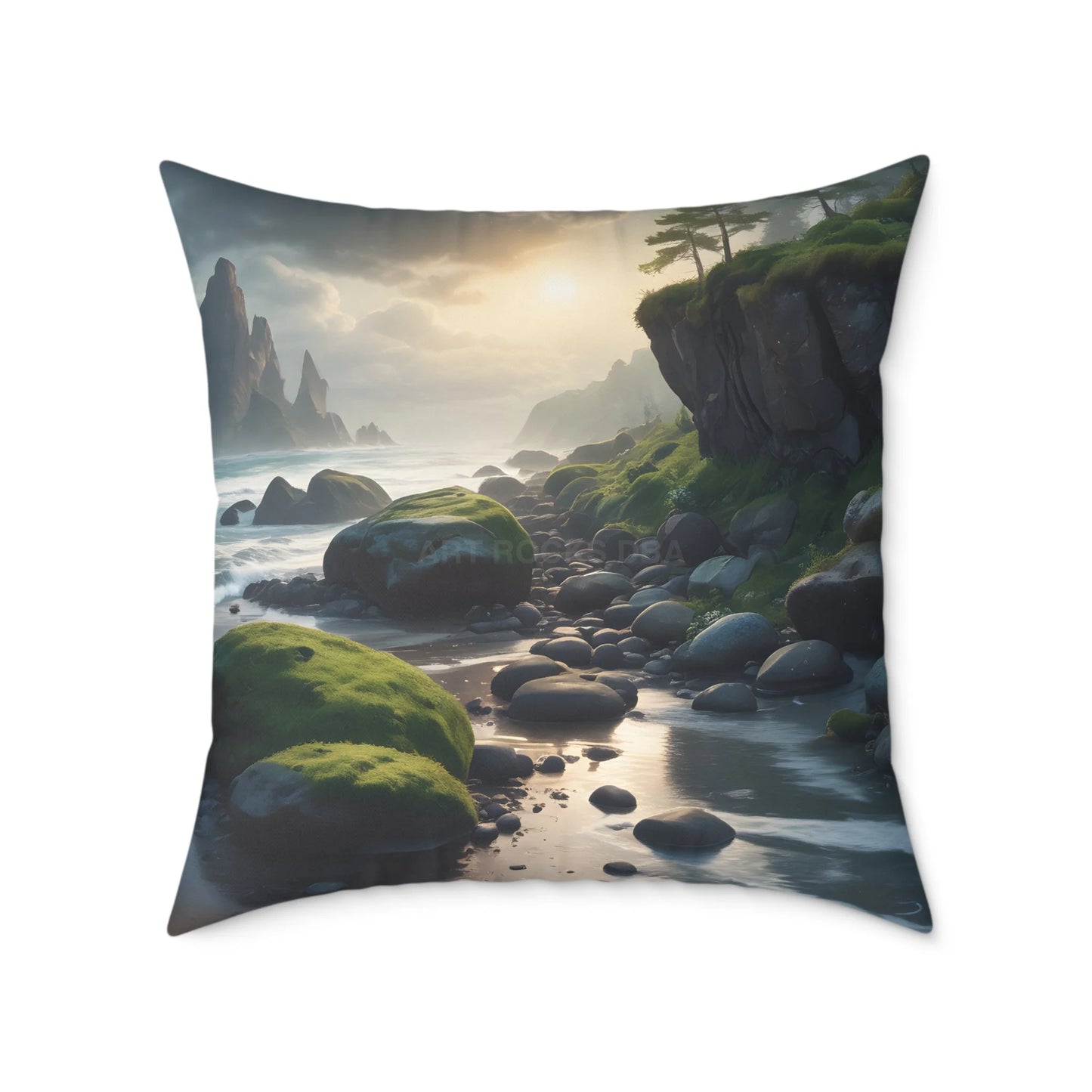 Mossy Beach on a Gloomy Day Throw Pillow Cozy Home Decor Nature Lover Gift Decorative Throw Pillow Soothing Bedroom