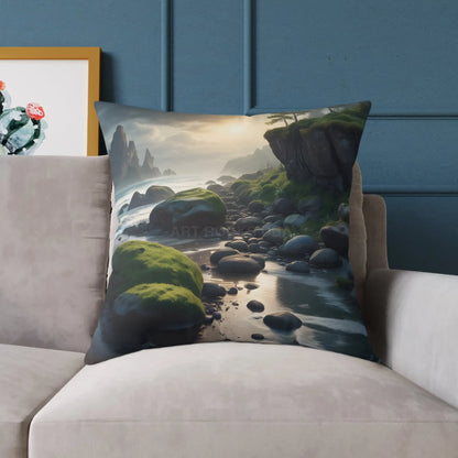 Mossy Beach on a Gloomy Day Throw Pillow Cozy Home Decor Nature Lover Gift Decorative Throw Pillow Soothing Bedroom