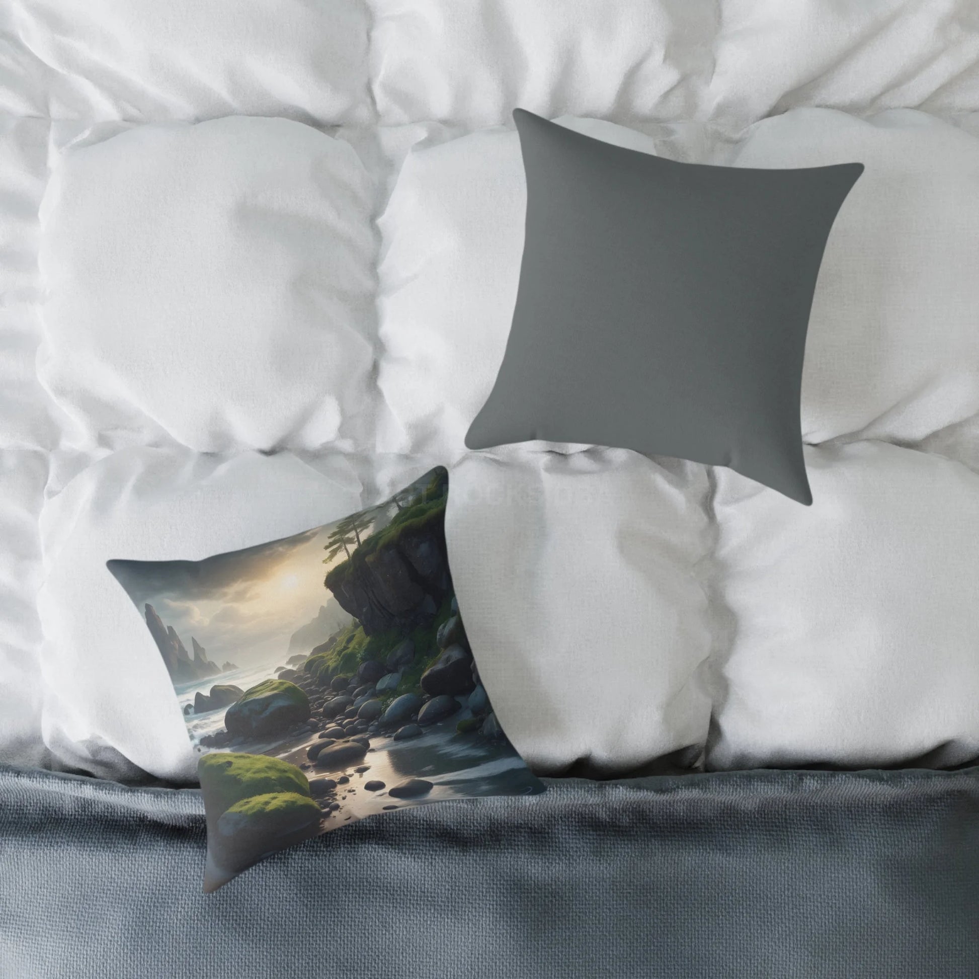 Mossy Beach on a Gloomy Day Throw Pillow Cozy Home Decor Nature Lover Gift Decorative Throw Pillow Soothing Bedroom