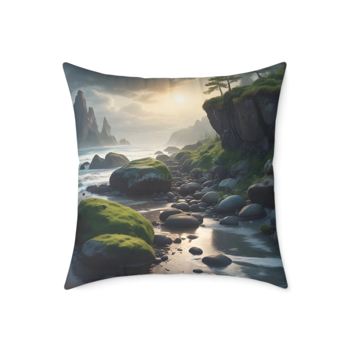 Mossy Beach on a Gloomy Day Throw Pillow Cozy Home Decor Nature Lover Gift Decorative Throw Pillow Soothing Bedroom