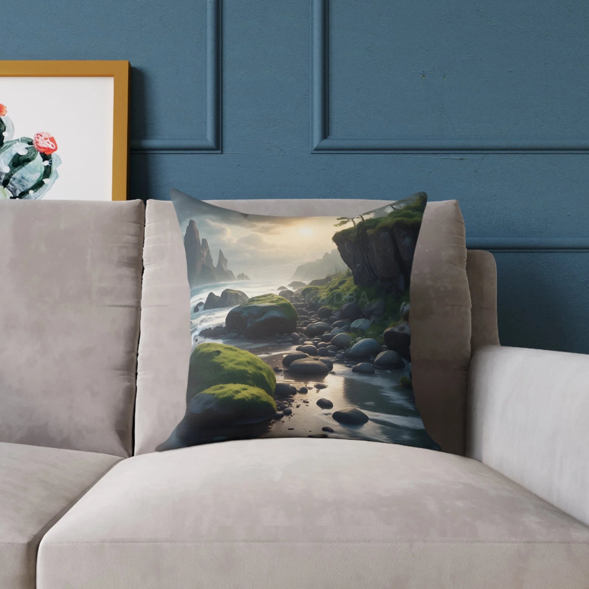 Mossy Beach on a Gloomy Day Throw Pillow Cozy Home Decor Nature Lover Gift Decorative Throw Pillow Soothing Bedroom