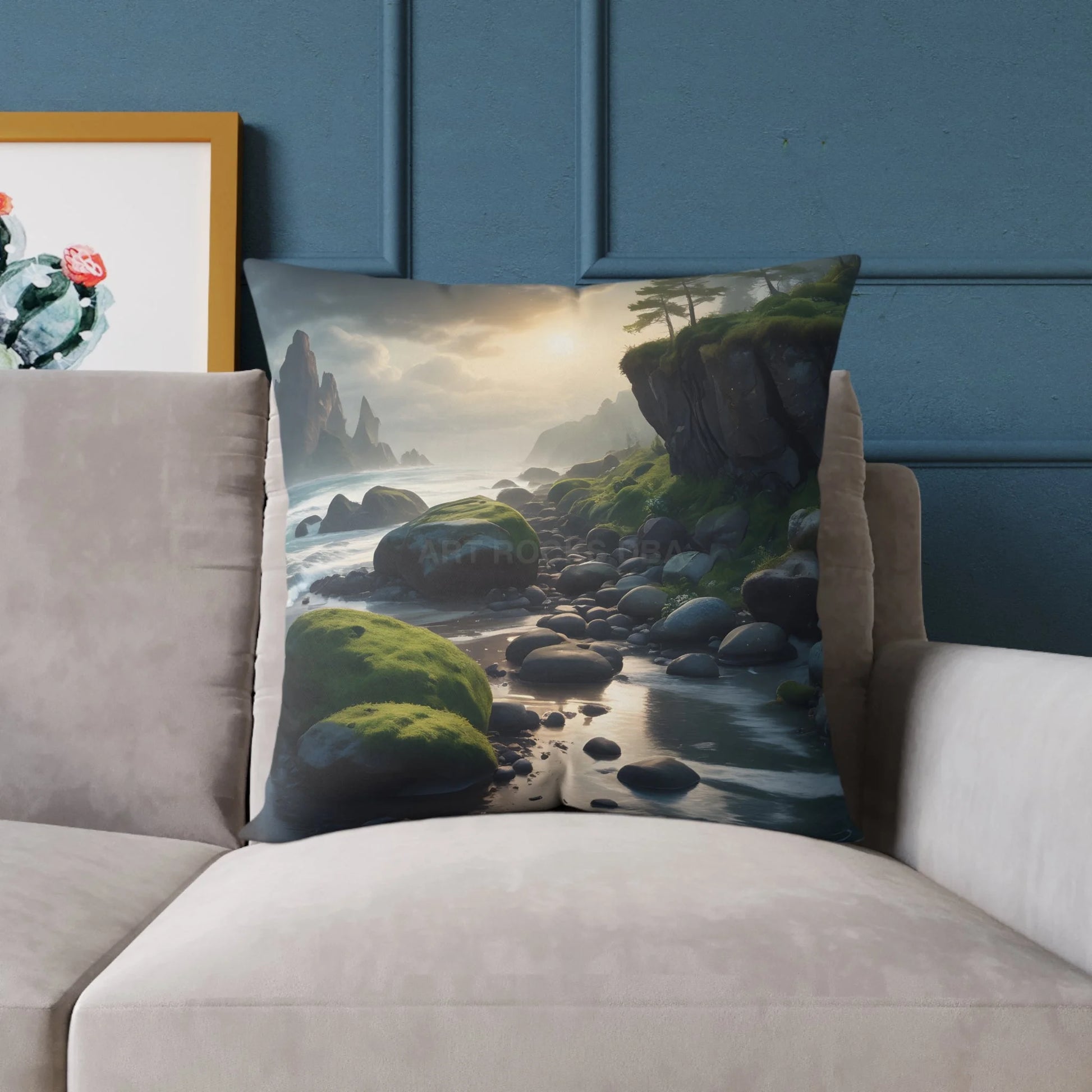 Mossy Beach on a Gloomy Day Throw Pillow Cozy Home Decor Nature Lover Gift Decorative Throw Pillow Soothing Bedroom