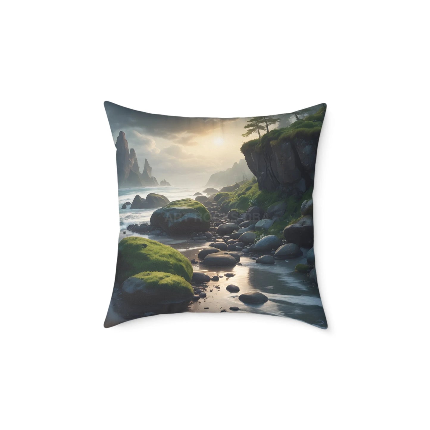 Mossy Beach on a Gloomy Day Throw Pillow Cozy Home Decor Nature Lover Gift Decorative Throw Pillow Soothing Bedroom