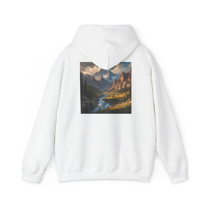 Mountain and River Hooded Sweatshirt – Cozy Unisex Hoodie Ideal for Artists Nature Lovers Art Events Holiday Gifting