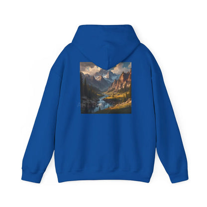 Mountain and River Hooded Sweatshirt – Cozy Unisex Hoodie Ideal for Artists Nature Lovers Art Events Holiday Gifting