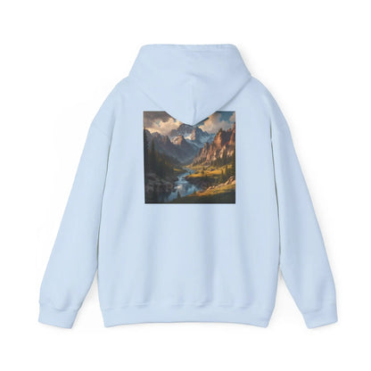 Mountain and River Hooded Sweatshirt – Cozy Unisex Hoodie Ideal for Artists Nature Lovers Art Events Holiday Gifting