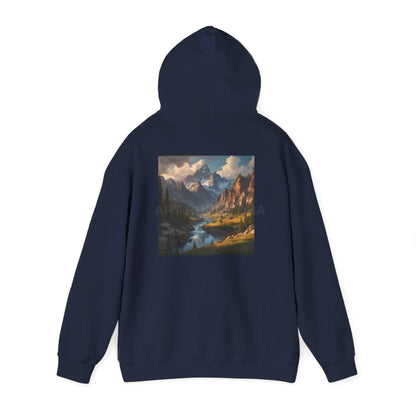 Mountain and River Hooded Sweatshirt – Cozy Unisex Hoodie Ideal for Artists Nature Lovers Art Events Holiday Gifting
