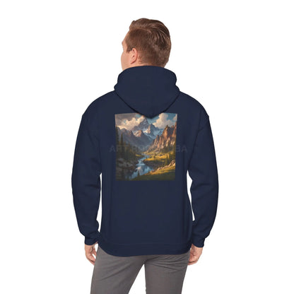 Mountain and River Hooded Sweatshirt – Cozy Unisex Hoodie Ideal for Artists Nature Lovers Art Events Holiday Gifting