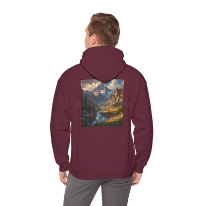Mountain and River Hooded Sweatshirt – Cozy Unisex Hoodie Ideal for Artists Nature Lovers Art Events Holiday Gifting