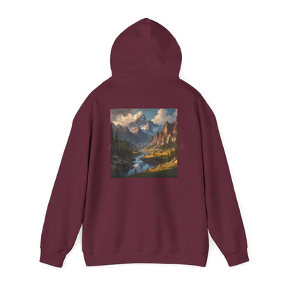 Mountain and River Hooded Sweatshirt – Cozy Unisex Hoodie Ideal for Artists Nature Lovers Art Events Holiday Gifting