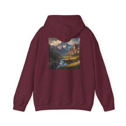 Mountain and River Hooded Sweatshirt – Cozy Unisex Hoodie Ideal for Artists Nature Lovers Art Events Holiday Gifting