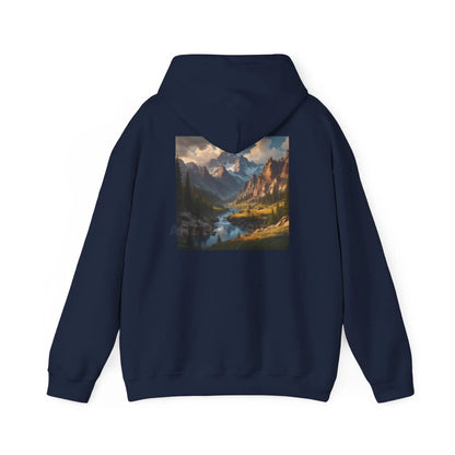 Mountain and River Hooded Sweatshirt – Cozy Unisex Hoodie Ideal for Artists Nature Lovers Art Events Holiday Gifting