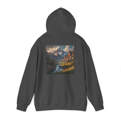 Mountain and River Hooded Sweatshirt – Cozy Unisex Hoodie Ideal for Artists Nature Lovers Art Events Holiday Gifting