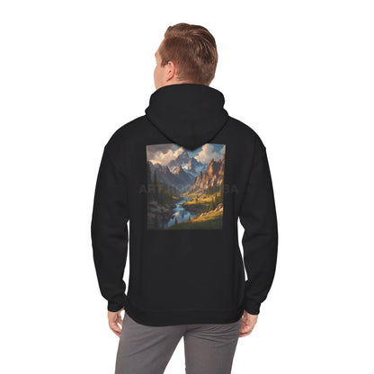 Mountain and River Hooded Sweatshirt – Cozy Unisex Hoodie Ideal for Artists Nature Lovers Art Events Holiday Gifting